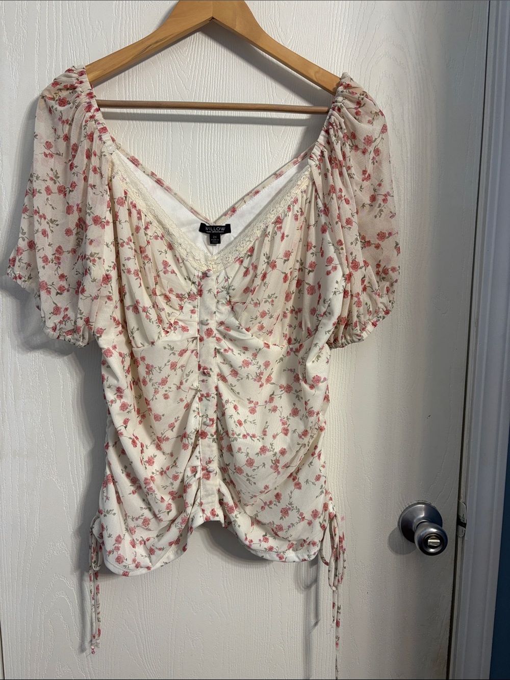 Willow Cream Blouse with Pink Floral Print and Ruched Front